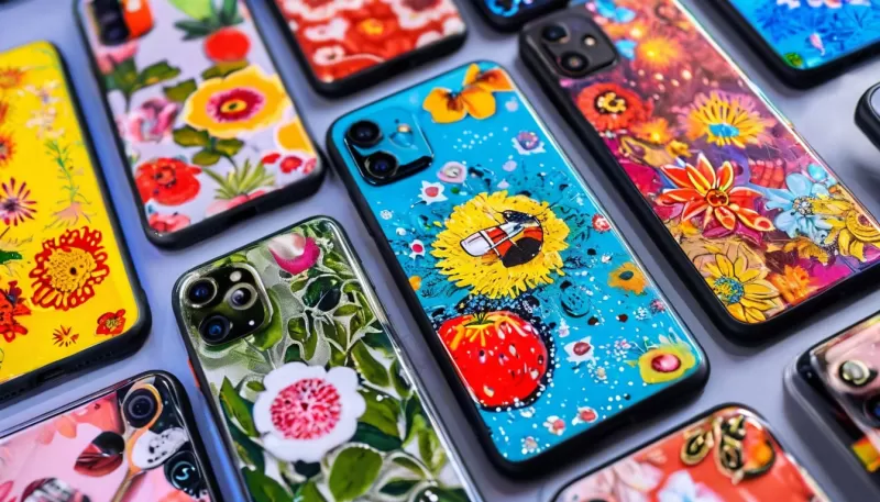 Изображение смартфона в пластиковом чехле. Чехол может быть с ярким дизайном или прозрачным. В кадре также находятся несколько других пластиковых чехлов с разными узорами и рисунками.