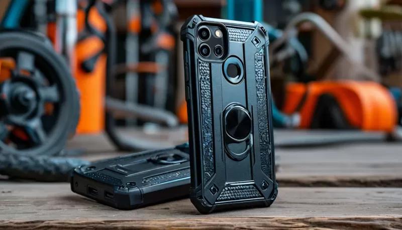 Смартфон в гибридном чехле, сочетающем элементы силикона и пластика. Чехол выглядит массивно и надежно, с усиленными углами и текстурированной поверхностью. На фоне — элементы активного образа жизни (например, спортивное оборудование).