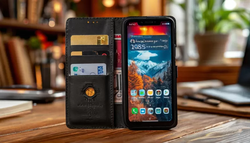 Смартфон в чехле-книжке, открытом и закрытом виде. Чехол демонстрирует внутренние карманы для карт и функцию подставки. На фоне — уютная домашняя обстановка или рабочий стол.