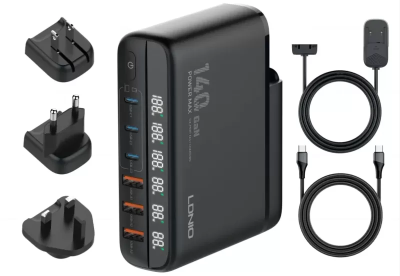 LDNIO 140W — всё включено: вилка, кабель и переходники