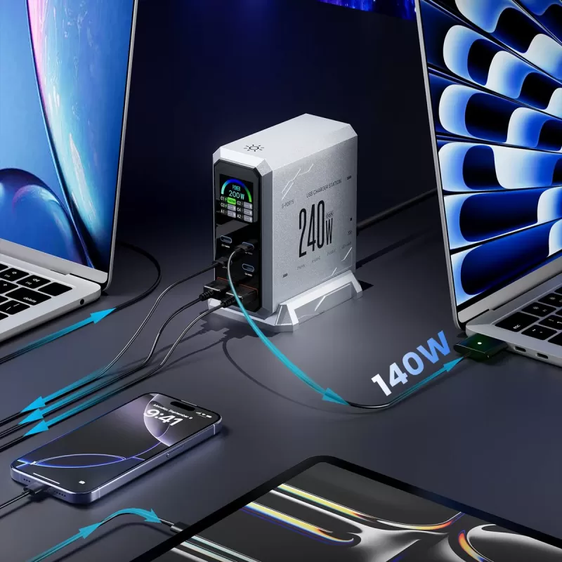 Зарядная станция ASOMETECH с двумя портами Type-C 140 Вт и технологией PD 3.1