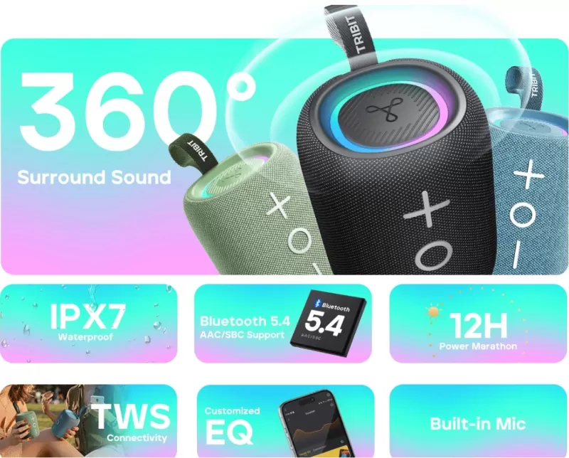 Tribit Stormbox Mini Plus: компактная Bluetooth-колонка с 12 часами работы, стереозвуком 360° и защитой IPX7