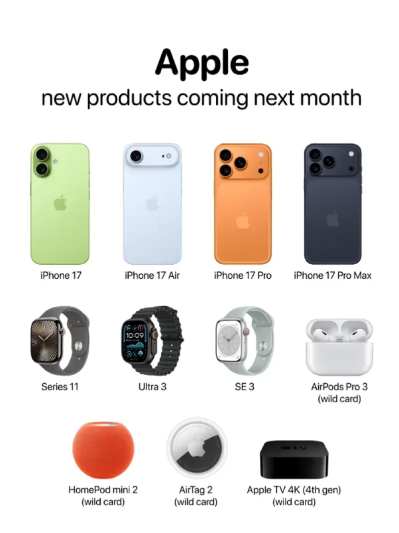  Все гаджеты Apple 2025:  iPhone 17 Air, iPhone 17 Pro и iPhone 17 Pro Max, Apple Watch: Ultra 3, Series 11 и SE 3, AirPods Pro 3, HomePod mini 2, AirTag 2 и Apple TV 4K