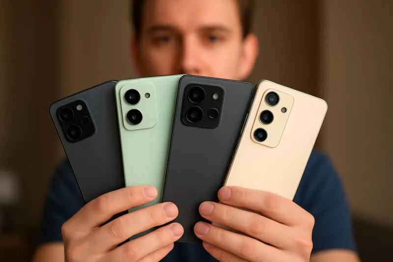 Молодой человек держит в руках несколько современных смартфонов крупным планом, на фоне мягкого боке, создающего атмосферу выбора и технологичности.