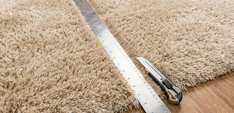 Подготовка к стыковке длинноворсового ковролина: два куска уложены внахлест, сверху лежит металлическая линейка и строительный нож.