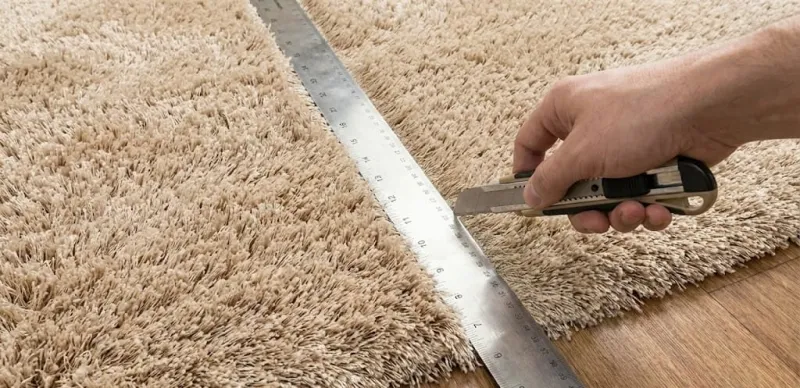 Процесс двойного реза ковролина: рука со строительным ножом прорезает сразу два слоя покрытия, используя металлическую линейку как направляющую.