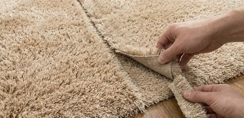 Удаление обрезков после двойного реза: рука вытягивает отрезанную полосу нижнего слоя длинноворсового ковролина из-под верхнего края.