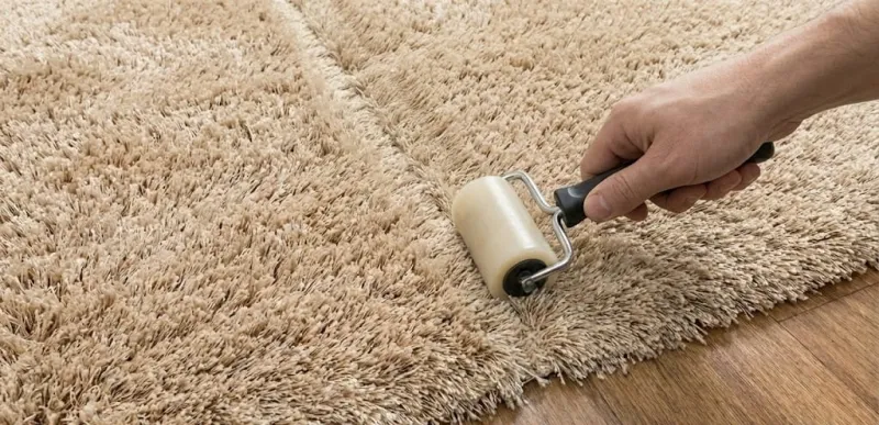 Финальная обработка стыка: прикатка шва на ковролине с длинным ворсом специальным валиком для создания незаметного соединения.