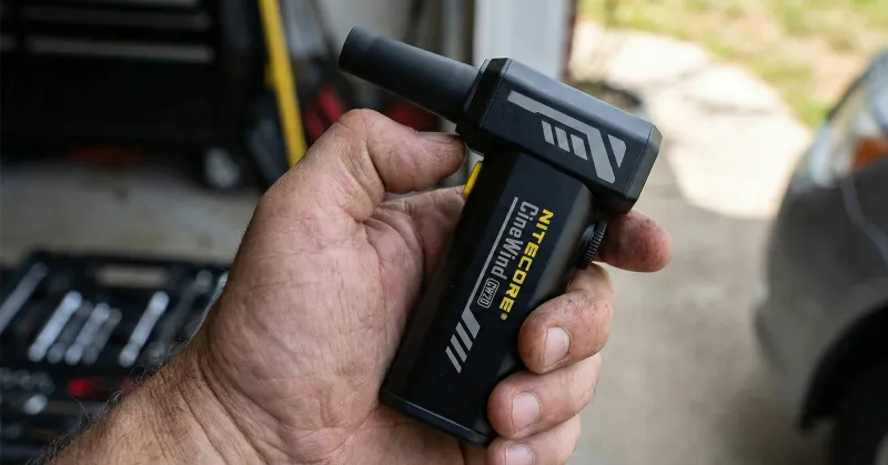 Использование Nitecore CW20 в гараже: мужская рука держит мощный воздушный вентилятор с насадкой-соплом для продувки.