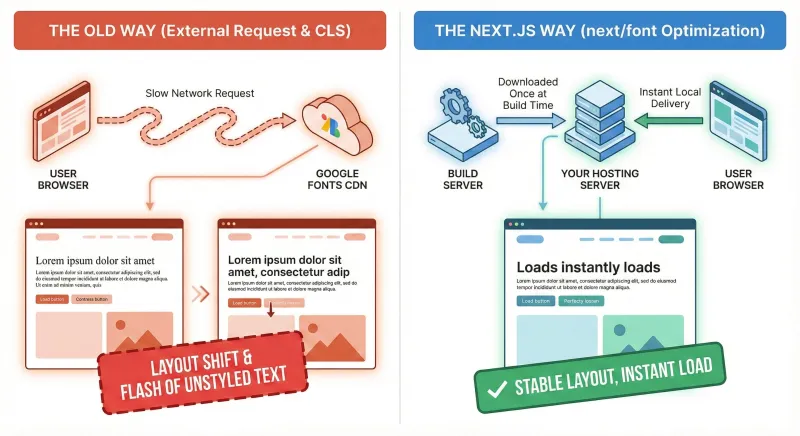 Сравнение загрузки Google Fonts в Next.js: внешний запрос с CLS против локальной оптимизации через next/font.