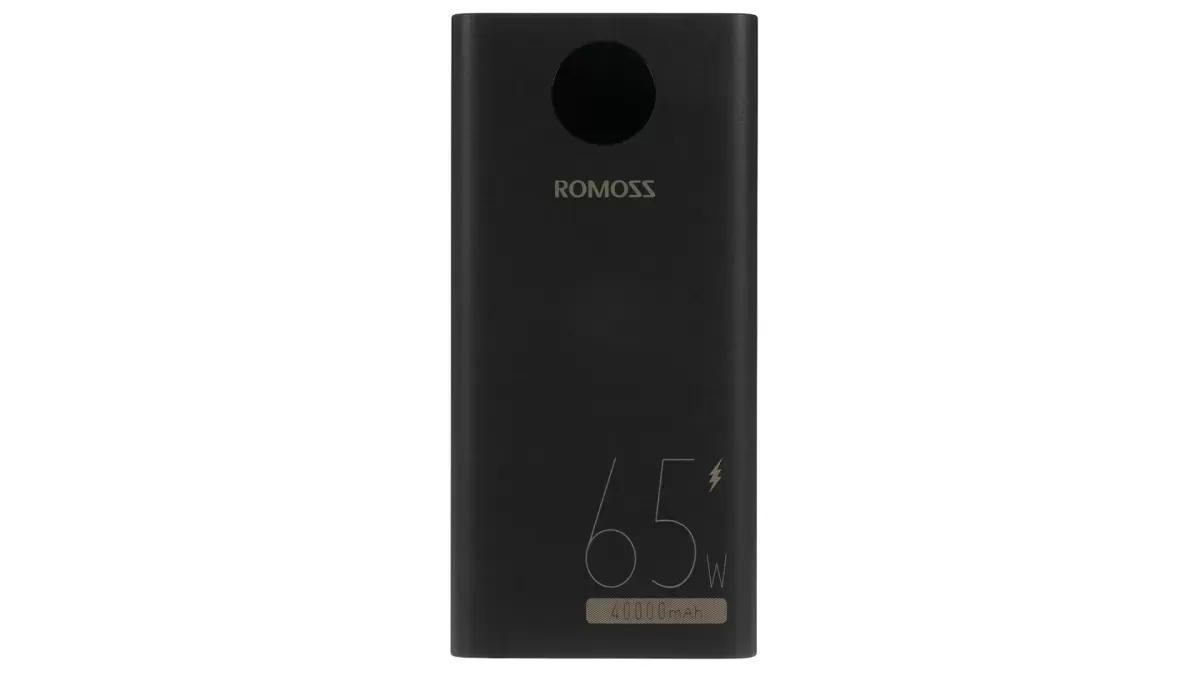 Romoss PEA40 Pro 40000 мАч 65 Вт Fast Charge: Крупный внешний аккумулятор Romoss PEA40 Pro 40000mAh с мощностью 65 Вт для быстрой зарядки ноутбуков, телефонов и планшетов, демонстрирующий высокую емкость.