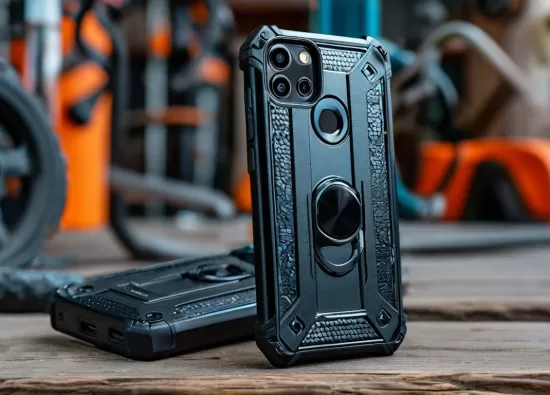 Смартфон в гибридном чехле, сочетающем элементы силикона и пластика. Чехол выглядит массивно и надежно, с усиленными углами и текстурированной поверхностью. На фоне — элементы активного образа жизни (например, спортивное оборудование).