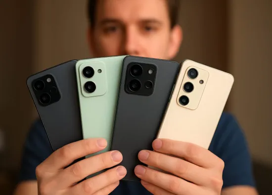 Молодой человек держит в руках несколько современных смартфонов крупным планом, на фоне мягкого боке, создающего атмосферу выбора и технологичности.