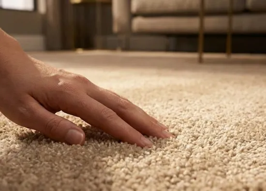 Крупный план руки, проверяющей идеальный, незаметный стык на мягком бежевом ковролине с длинным ворсом.