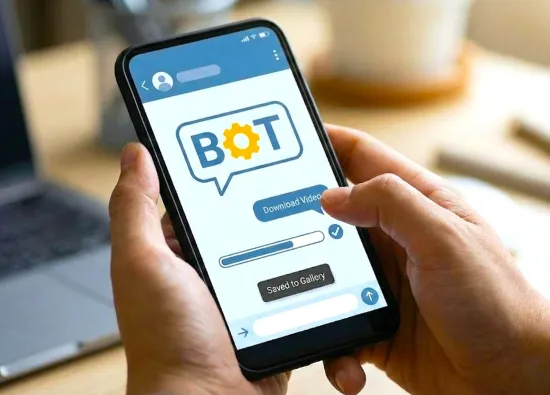 Цифровая иллюстрация рабочего пространства с гаджетами, демонстрирующими функции полезных Телеграм-ботов: скачивание видео из соцсетей (TikTok, Instagram), улучшение качества фото до 4K, работу с нейросетями, расшифровку голоса и оплату зарубежных сервисов (Spotify, PlayStation).