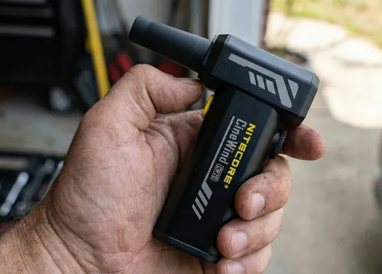 Использование Nitecore CW20 в гараже: мужская рука держит мощный воздушный вентилятор с насадкой-соплом для продувки.