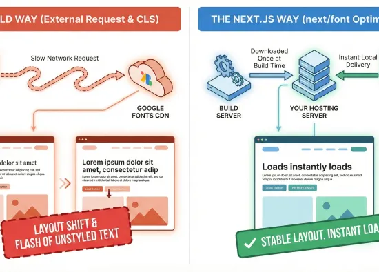 Сравнение загрузки Google Fonts в Next.js: внешний запрос с CLS против локальной оптимизации через next/font.